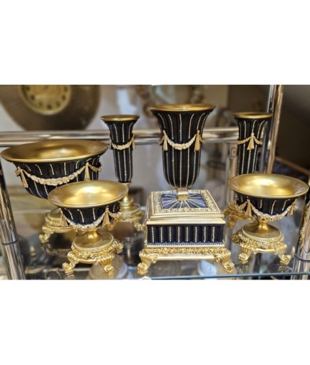 SALON SET 7 PARÇA SİYAH VARAK KURDELA TAŞLI