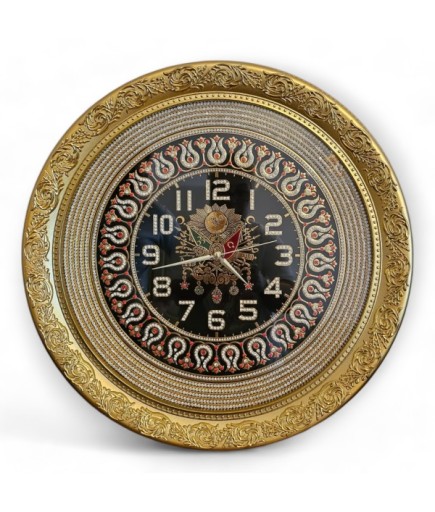 Osmanlı Tuğralı Kırmızı Laleli Gold Duvar Saati - 52x60 cm