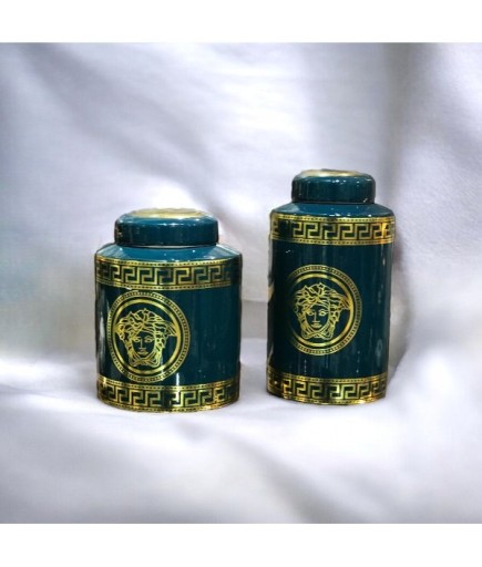 Medusa Desenli Yeşil ve Altın Silindir Vazo