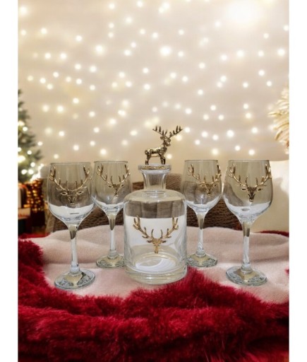 Geyikli 4'lü Kadeh Şaraplık El Yapımı