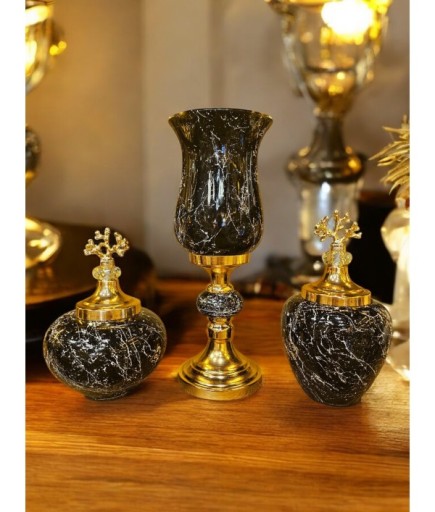 3'lü Takım Küplü Gold Detaylı Şamdan