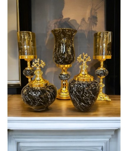 5'li Takım Küplü Gold Detaylı Şamdan