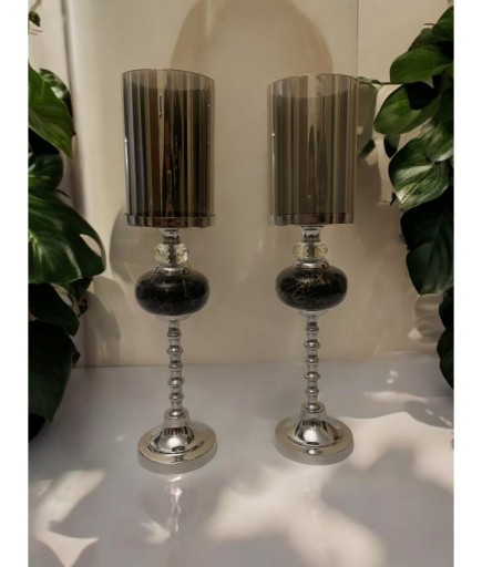 İkili Siyah Bombeli Koyu Renk Şamdan