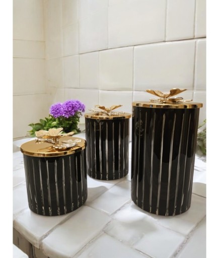 3'lü Çizgili Dekoratif Kavanoz Seti