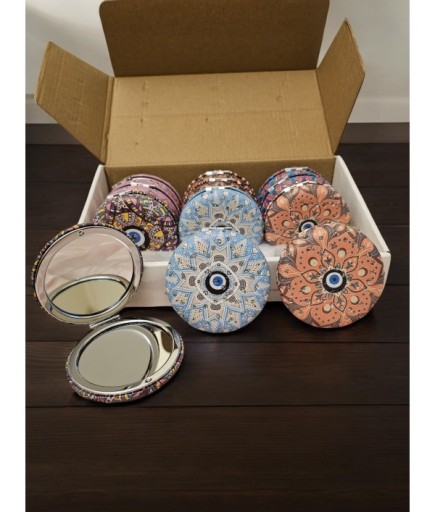 Karışık Renkte Nazar Boncuk Desenli Yuvarlak Cep Aynası