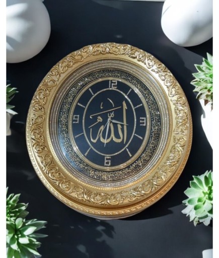 ALLAH YAZILI SAAT SİYAH GOLD 52*60 CM