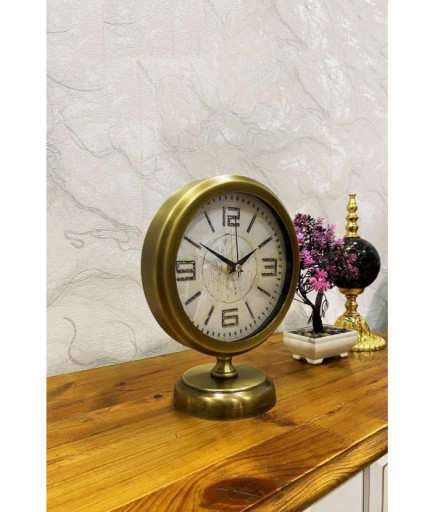 Metal 25x20 Cm Eskitme Metal Lüks Masa Saati Altın Analog Antik
